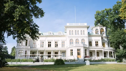 Stor vit byggnad i grönska