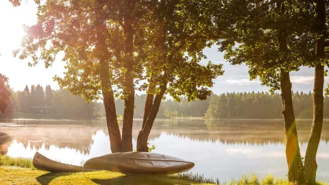 Två kanoter ligger uppdragna vid vattenlinjen