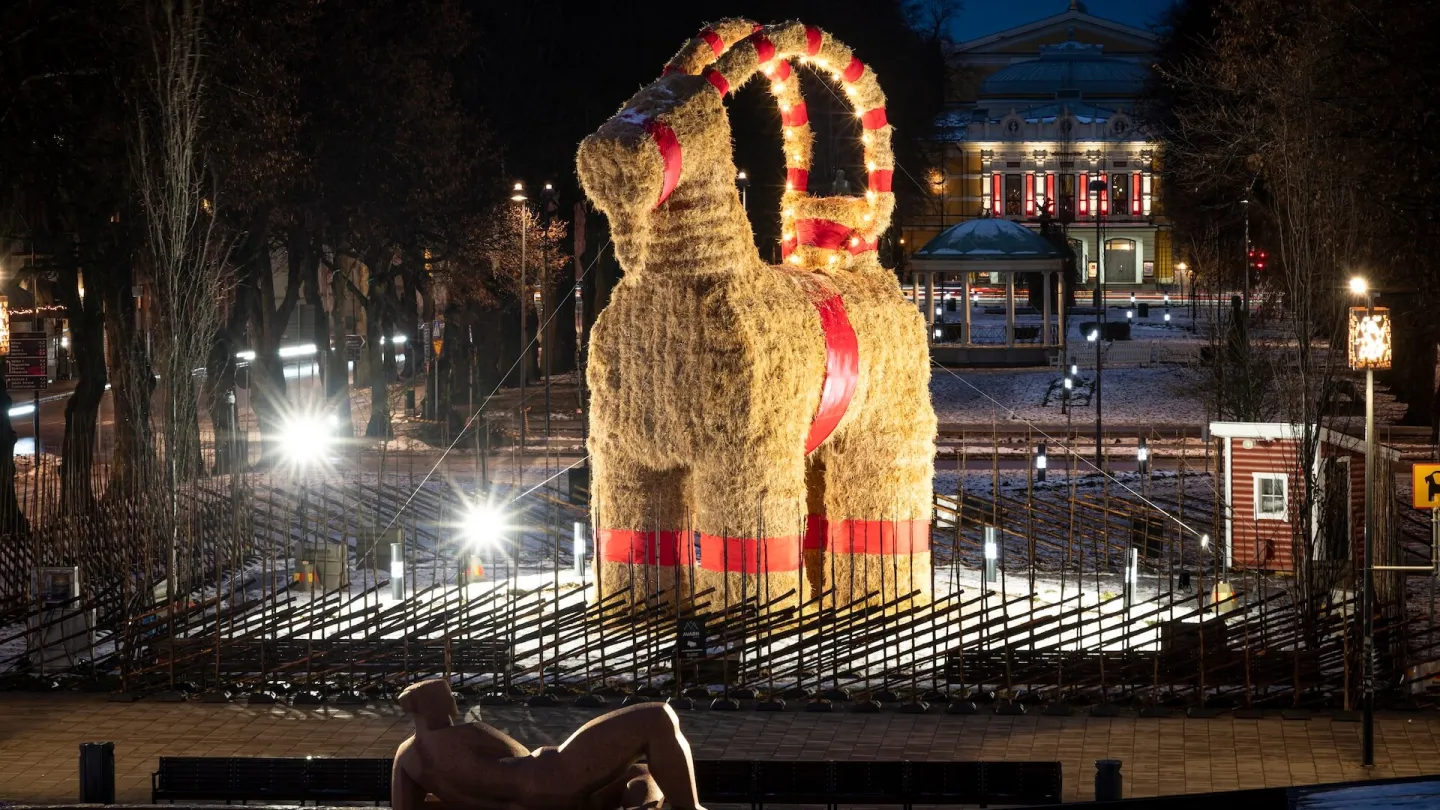 Gävlebocken upplyst i vintermörkret, stående i en park