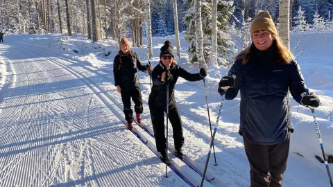 Tre glada längdskidåkare i spåret en fin vinterdag