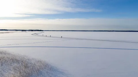 Långfärdsskridskoåkare på glansig is i skymningen