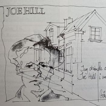 Porträttskiss i svartvitt på Joe Hill 