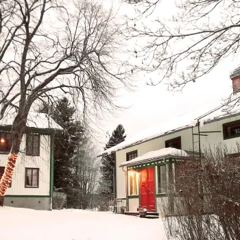 Gård med belyst träd i mitten vintertid